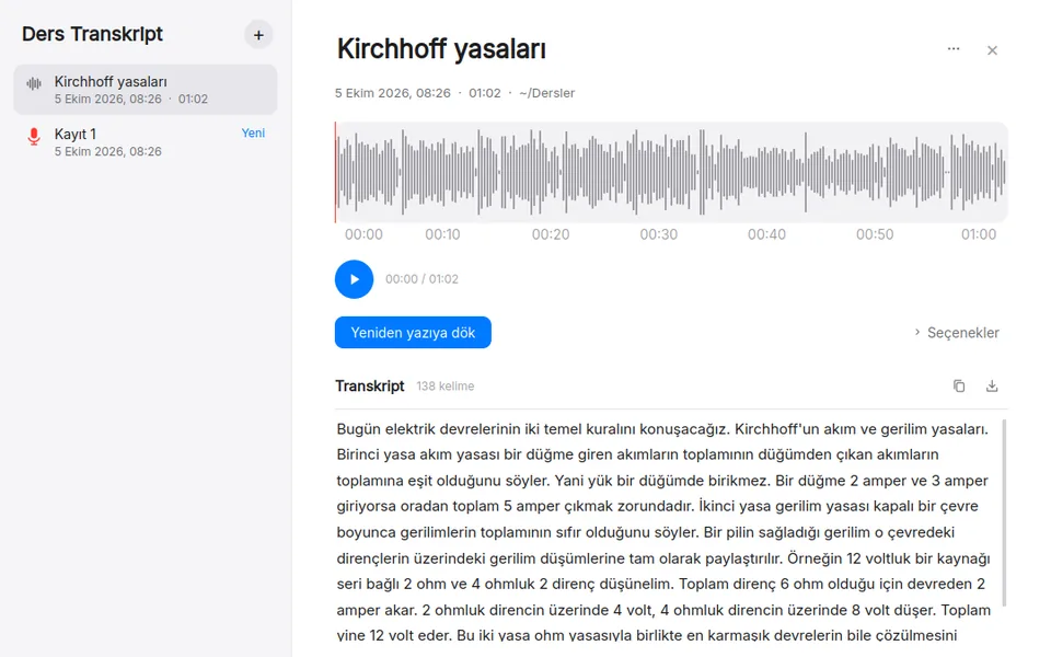 Ders Transkript: a lecture recording with its waveform and transcript